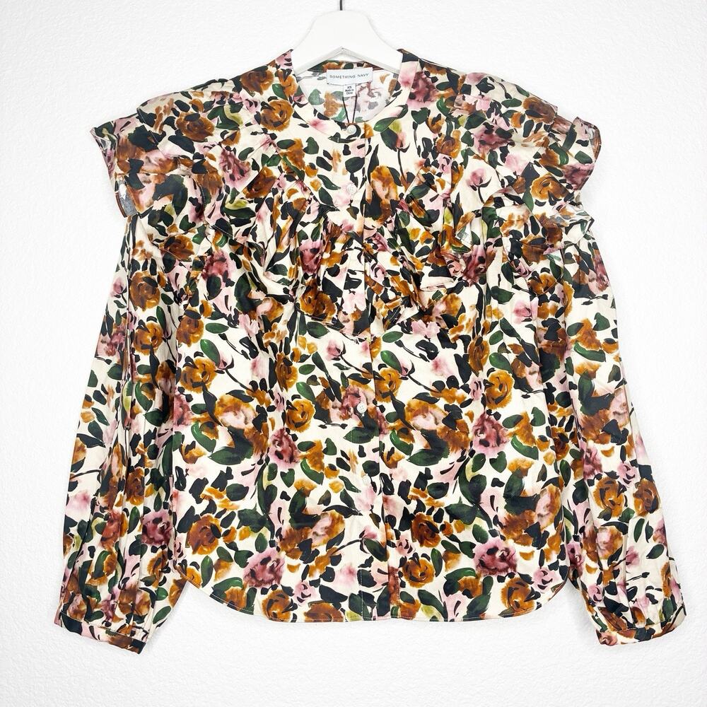 Something Navy Floral Ruffle Blouse in Cream XS NWT - Picture 2 of 13